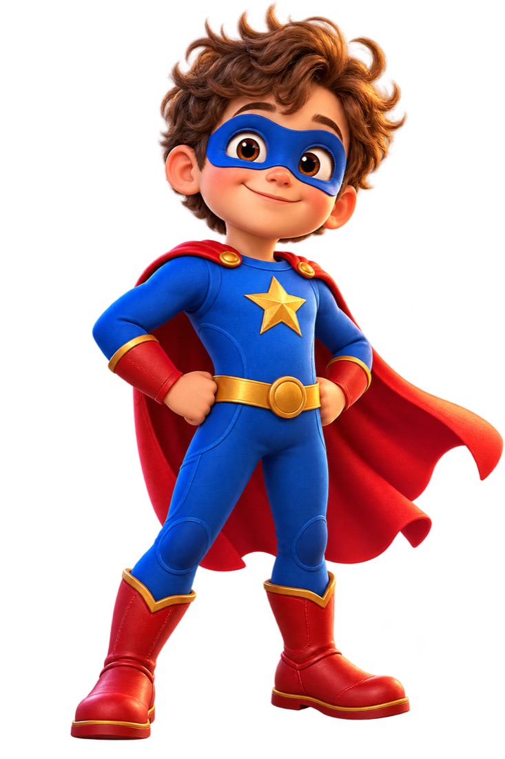 A small caped hero floating above quiet houses under a starry sky.
