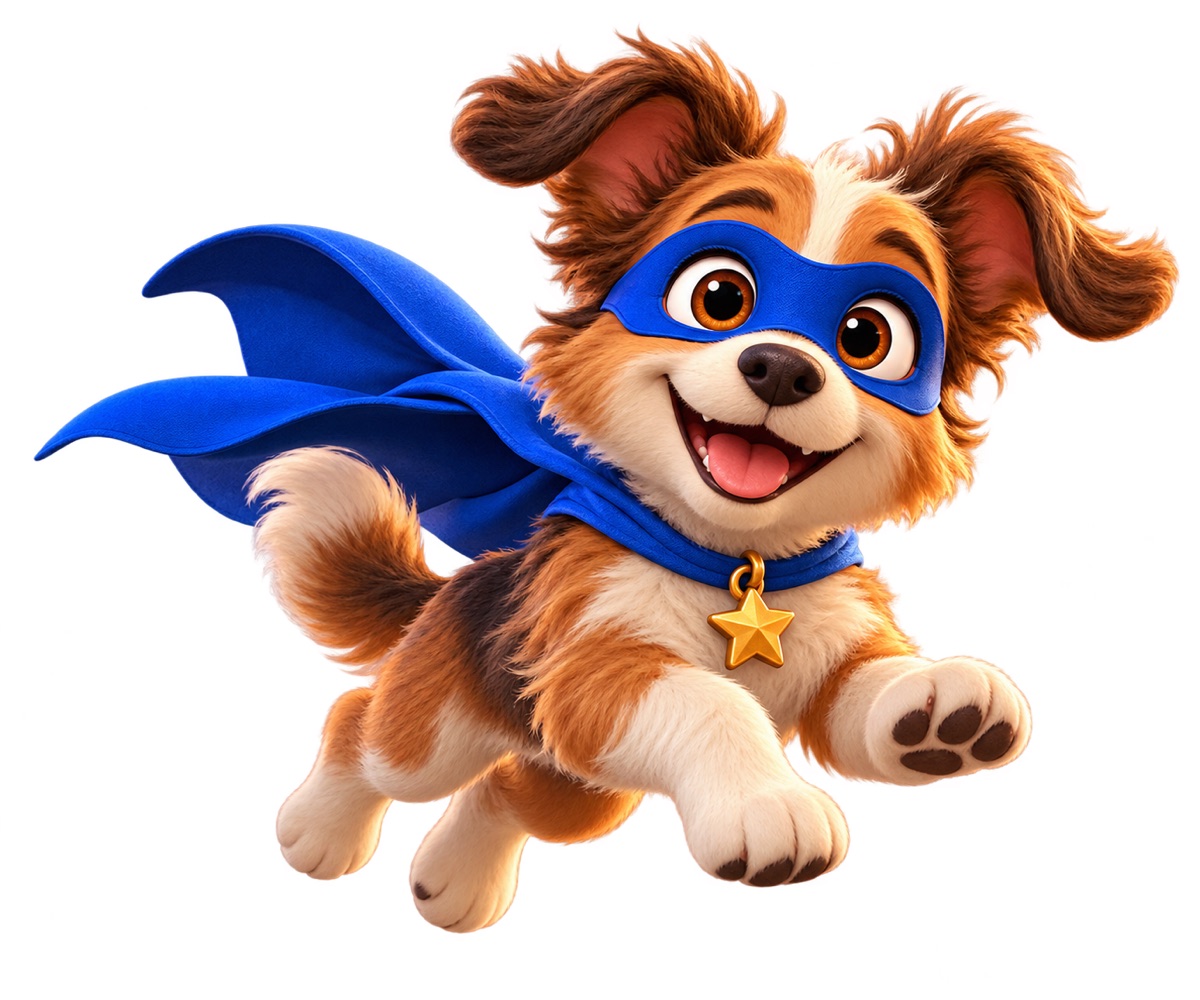 A puppy transformed into a flying superhero with a cape