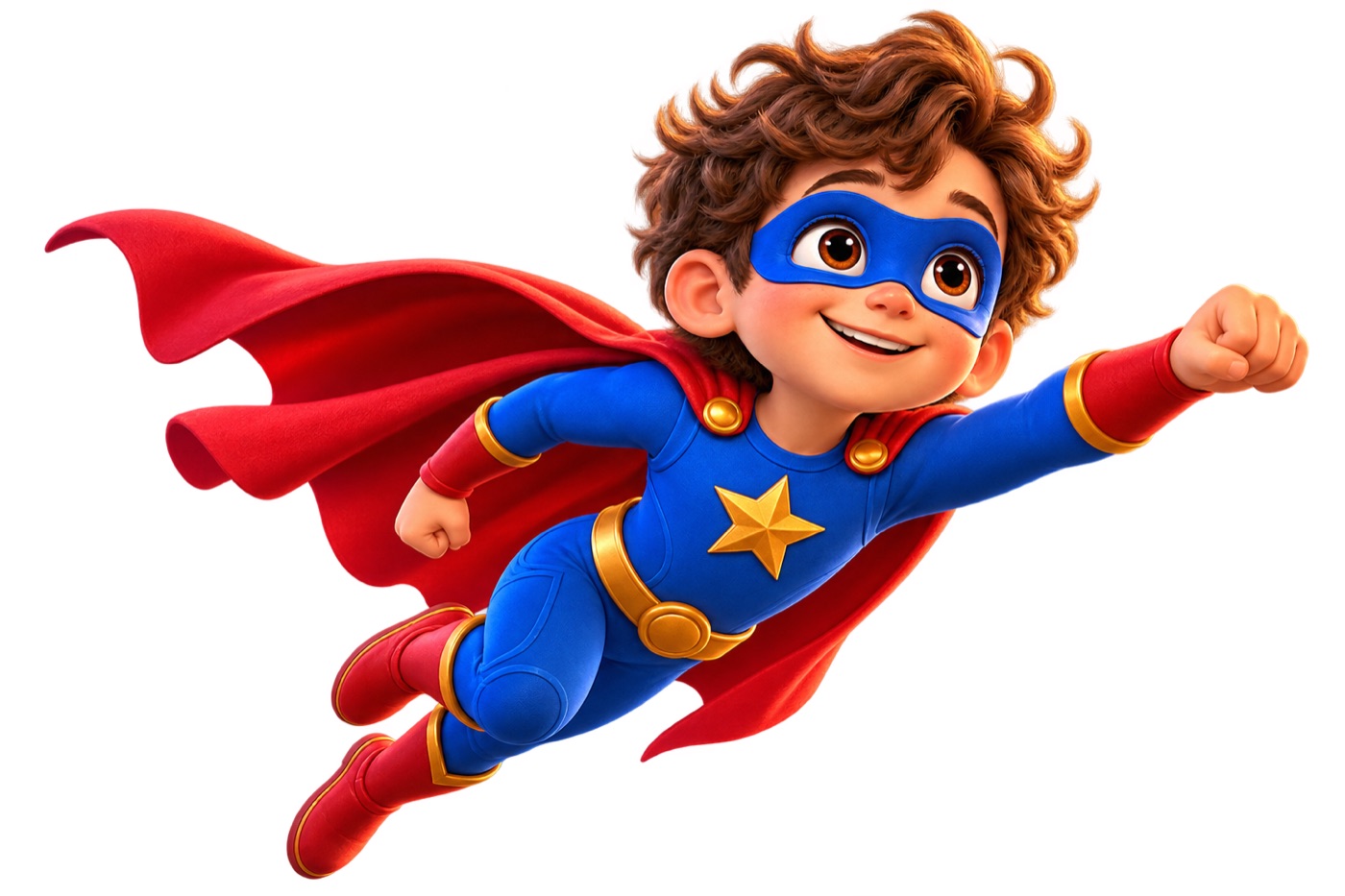 A boy superhero in a red cape flying over a castle with his puppy